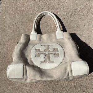 Tory Burch Ella Tote Cream Leather and Tan Canvas